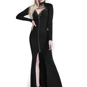 Punk Rave Grommet Corset Lace Zipper Plunge Maxi Dress Goth